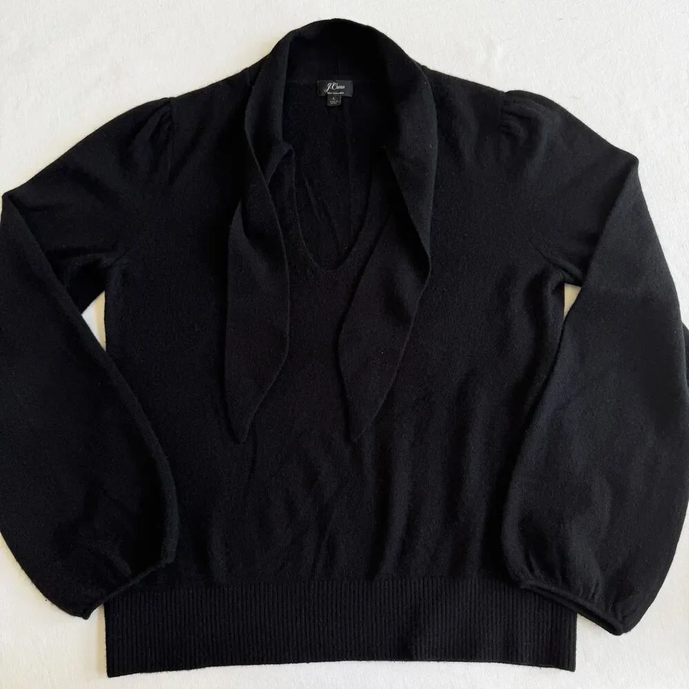 J. Crew Everyday 100% Cashmere Tie Neck Sweater in Black Size LARGE Womens